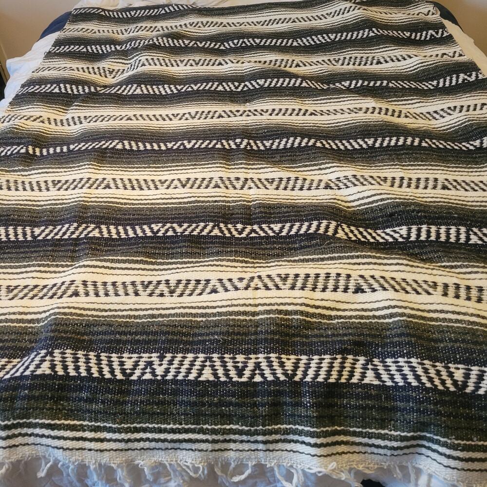 Vintage Afghan Blanket Large Black White Green Retro Fringe Handmade‎ Goth Boho